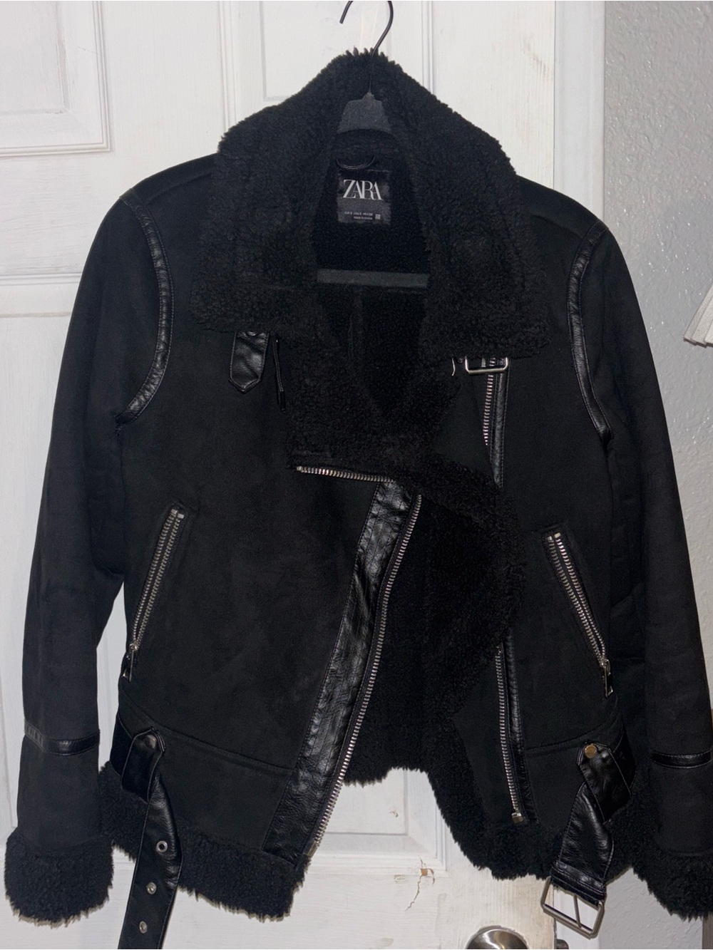 Zara Black Faux-Shearling Moto Jacket